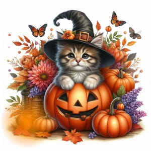 May include: A cute kitten wearing a witch's hat sits inside a carved orange pumpkin. The pumpkin is surrounded by fall foliage, including leaves, flowers, and pumpkins.