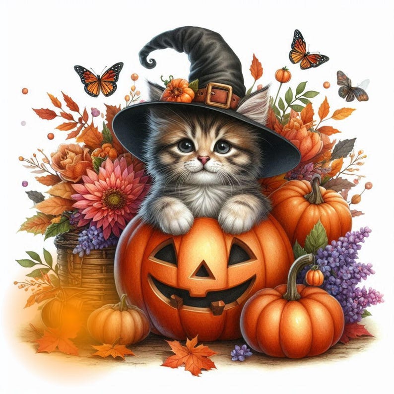 May include: A cute kitten wearing a witch's hat sits inside a carved orange pumpkin. The pumpkin is surrounded by fall foliage, including leaves, flowers, and pumpkins.