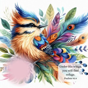 Puede incluir: Un pájaro colorido con plumas azules, naranjas y verdes se posa en una rama con un fondo rosa. El texto "Bajo sus alas, encontrarás refugio. Salmos 91:4" está debajo del pájaro.