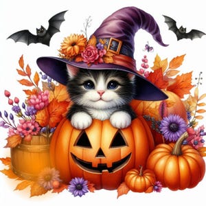May include: A black and white kitten wearing a purple witch hat with orange, yellow, and red flowers. The kitten is sitting inside a carved orange pumpkin with a jack-o'-lantern face. The background includes fall leaves, bats, and flowers.