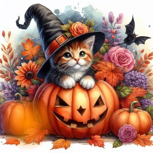 May include: A cute orange and black kitten wearing a witch's hat sits inside a carved orange pumpkin with a jack-o'-lantern face. The pumpkin is surrounded by fall foliage, including red and yellow leaves, and purple flowers.