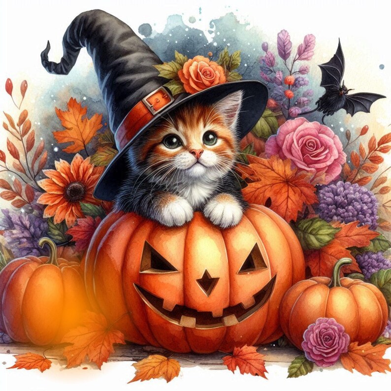 May include: A cute orange and black kitten wearing a witch's hat sits inside a carved orange pumpkin with a jack-o'-lantern face. The pumpkin is surrounded by fall foliage, including red and yellow leaves, and purple flowers.