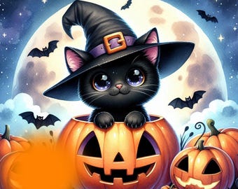 Adorable Black Cat, Jack-o-Lantern, Halloween,Use for Apparel, Cards, Scrapbooking, Journals, Tiles, and Other Fun Crafts, Instant Fun