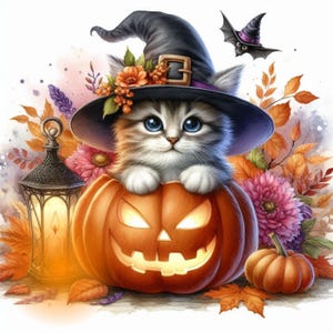 May include: A cute gray and white kitten wearing a black witch hat with a purple band sits inside a carved orange pumpkin. The pumpkin has a lit jack-o'-lantern face. The kitten is surrounded by fall leaves and flowers.
