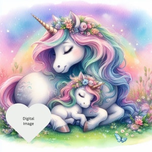 Hermosas imágenes prediseñadas de unicornio para madre y bebé, flores, fantasía, día de la madre, tarjetas, arte de pared, ropa, lienzo, azulejos y más descarga instantánea