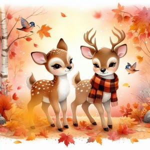Peut inclure: Illustration à l'aquarelle de deux cerfs dans un cadre automnal. L'un des cerfs porte une écharpe à carreaux. La scène comprend des feuilles qui tombent, des oiseaux et un bouleau, le tout dans des couleurs chaudes d'automne.