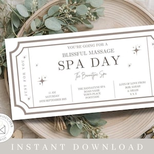 May include: A spa day gift voucher with a decorative border, featuring the text "You're going for a blissful massage SPA DAY". The voucher includes details like the spa name, date, and time, with a "Happy Birthday" message.