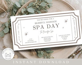 May include: A spa day gift voucher with a decorative border, featuring the text "You're going for a blissful massage SPA DAY". The voucher includes details like the spa name, date, and time, with a "Happy Birthday" message.
