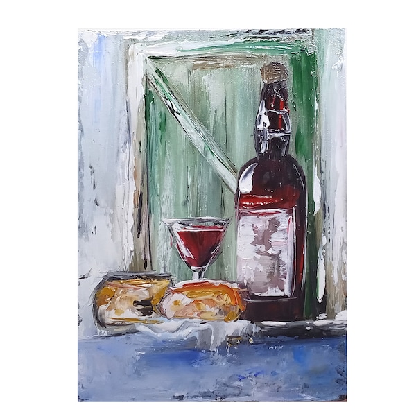 Handpainted Oil Painting Original, Wine Bottle Chees Kitchen French Decor Wall Art, Housewarming gift, Vintage style Still life Mini Artwork