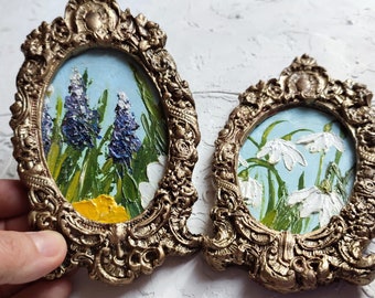 Set 2 Framed Oil Paintings Original Art, Gallery Wall Decor, Small Vintage Victorian Style Gift, Oval Framed Floral Miniature Artwork