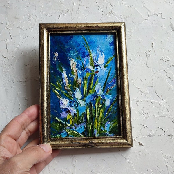 Framed Blue Irises Small Oil Painting Original Art, Iris Flowers Gallery Wall Art Gift Impasto 4x6" Wall Art, Miniature Tiny Bookshelf Decor