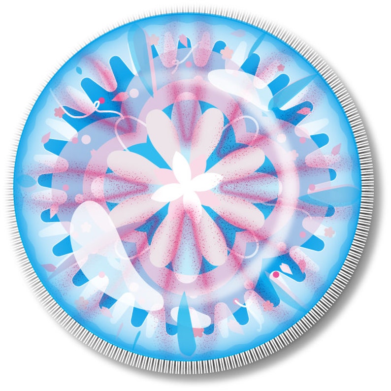 Puede incluir: Ilustraci&oacute;n circular abstracta con un dise&ntilde;o floral central en tonos rosa y blanco, sobre un fondo de formas azules y transparentes. El borde exterior tiene un borde gris texturizado, creando un efecto de capas.