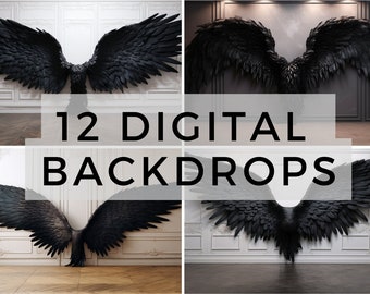 12 Black Angel Wings Wall Digital Backdrops, Photo Backdrop Overlays, Photography Digital Background Overlays, Photoshop Textures Overlays