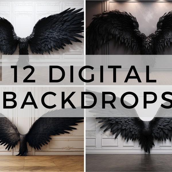 12 Black Angel Wings Wall Digital Backdrops, Photo Backdrop Overlays, Photography Digital Background Overlays, Photoshop Textures Overlays