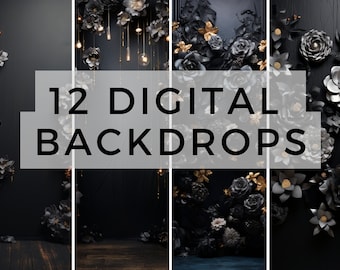 12 Black Flowers Digital Backdrops, Maternity Backdrop Overlays, Photography Digital Background Overlays, Photoshop Textures Overlays