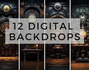 12 Dark Steampunk Digital Backdrops, Steampunk Backdrop Overlays, Photography Digital Background Overlays, Photoshop Textures Overlays