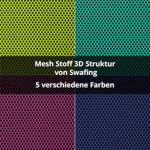 Könnte beinhalten: Darstellung von fünf verschiedenfarbigen Mesh-Stoffen. Die Farben sind Gelbgrün, Türkis, Dunkelgrün, Magenta und Marineblau. Der Text im Bild lautet "Mesh Stoff 3D Struktur von Swafing 5 verschiedene Farben."