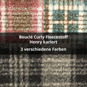 Könnte beinhalten: Nahaufnahme von drei Bouclé-Fleece-Stoffen mit lockiger Textur und Karomuster. Die Stoffe sind in Rot- und Brauntönen, Blau- und Brauntönen sowie Grau gehalten. Der Text lautet "Bouclé Curly Fleecestoff Henry kariert 3 verschiedene Farben."