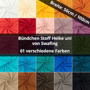 Könnte beinhalten: Eine Sammlung von 61 verschiedenen farbigen Stoffmustern. Der Stoff ist ein Strickmaterial und 50 cm breit. Der Text "Bündchen Stoff Heike uni von Swafing 61 verschiedene Farben" ist auf dem Bild zu sehen.