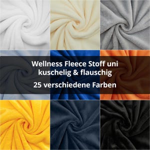 Könnte beinhalten: Eine Collage von neun Stoffmustern aus weichem Fleece in verschiedenen Farben, darunter Weiß, Creme, Grau, Marineblau, Gelb und Schwarz. Der Text in der Mitte lautet "Wellness Fleece Stoff uni kuschelig & flauschig 25 verschiedene Farben."