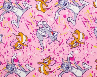 French Terry fabric Tom and Jerry, brushed, pink (sold by the meter from 0.50 m)