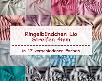 Op de afbeelding: Een collage van 17 verschillende gekleurde stoffen met witte strepen. De stof is een breiwerk met een streep van 4 mm. De tekst "Ringelbundchen Lio Streifen 4mm" en "in 17 verschiedenen Farben" wordt weergegeven op de afbeelding.