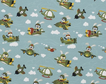 Jersey fabric airplanes, helicopters, rabbits, children's fabric, multicolored (sold by the meter from 0.50 m)