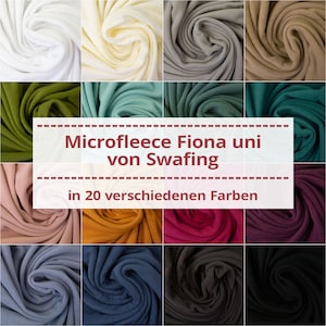 Könnte beinhalten: Eine Collage aus 20 verschiedenen Farben von Microfleece-Stoff, genannt Fiona uni, von der Marke Swafing. Der Stoff wird in einer Vielzahl von Farben gezeigt, darunter Weiß, Creme, Grau, Braun, Grün, Blau, Rosa, Rot und Lila.