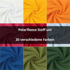 Könnte beinhalten: Ein Raster von neun gewirbelten Stoffproben in verschiedenen Farben, darunter Weiß, Gelb, Orange, Burgunderrot, Blau, Grün und Dunkelgrau. Das Bild enthält den Text "Polarfleece Stoff uni" und "30 verschiedene Farben."