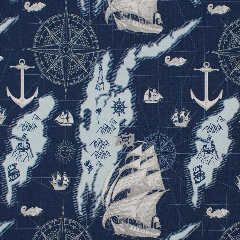 Tissu French Terry bateaux et ancres, bleu foncé vendu au mètre à partir de 0,50 m image 1