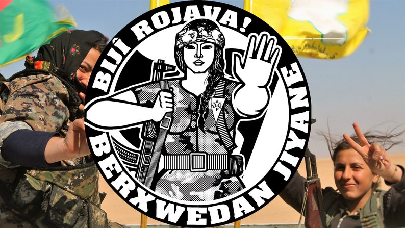 Rojava Solidarity Sticker: Bijî Rojava! Berxwedan Jiyane (Long Live Rojava! Resistance is Life), YPJ Militiawoman image 2