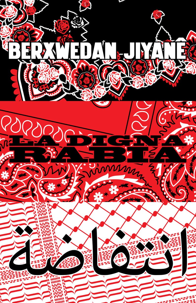 K&ouml;nnte beinhalten: Ein Grafikdesign mit Text und Mustern in Rot, Schwarz und Wei&szlig;. Das Design umfasst florale Elemente, Paisley-Muster und arabischen Text. Der Text enth&auml;lt die W&ouml;rter "BERXWEDAN JIYANE", "LA DIGNA RABIA" und arabischen Text.