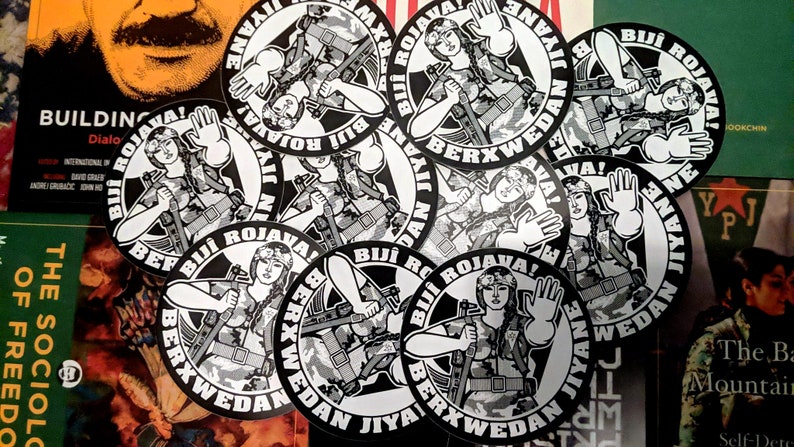Rojava Solidarity Sticker: Bijî Rojava! Berxwedan Jiyane (Long Live Rojava! Resistance is Life), YPJ Militiawoman image 4