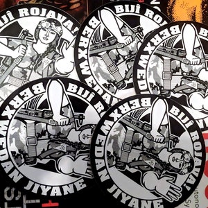 Rojava Solidarity Sticker: Bijî Rojava! Berxwedan Jiyane (Long Live Rojava! Resistance is Life), YPJ Militiawoman image 3