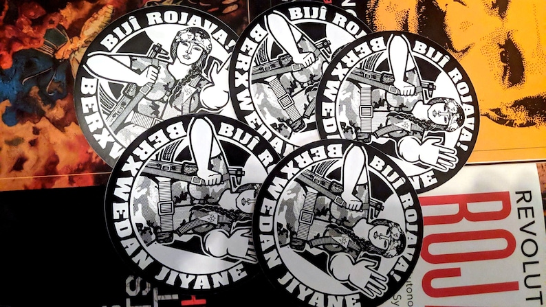 Rojava Solidarity Sticker: Bijî Rojava! Berxwedan Jiyane (Long Live Rojava! Resistance is Life), YPJ Militiawoman image 3