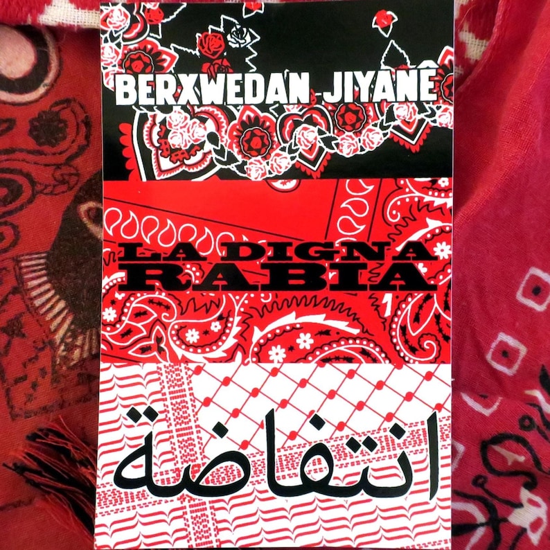 K&ouml;nnte beinhalten: Ein rechteckiges Design mit Text in mehreren Sprachen, mit roten und wei&szlig;en Paisley-Mustern und floralen Akzenten. Der obere Abschnitt hat den Text "BERXWEDAN JIYANE" in Wei&szlig;. Der mittlere Abschnitt lautet "LA DIGNA RABIA" und der untere Abschnitt hat arabischen Text.