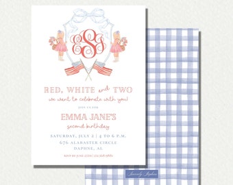 Red, White & Two Birthday Party Invitation // girls // watercolor // printed // digital