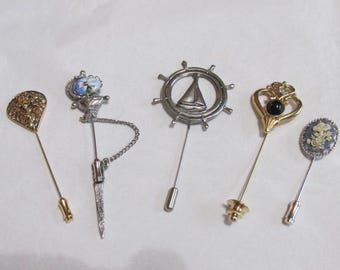 Vintage Stick Pins, Lot of Five, Gold & Silver Tones, Porcelain with Sword, Sailboat, More