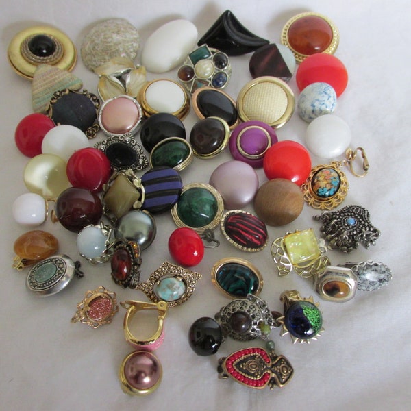 Craft Lot of 55 Vintage Single Earrings - Glass, Plastic & Stone Inserts, Many Button Types, Many Colors and Sizes, Great for Repurposing