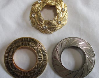 Three Vintage Scarf Clips, Wreath with Rhinestones, Textured Gold, Silver Tones, Lieba U.S.A.