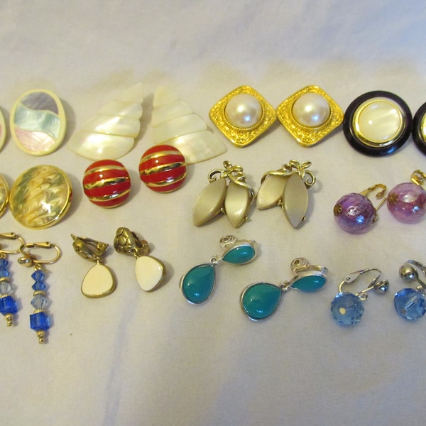 Vintage Lot of 12 Pairs of Clip On Earrings - Mother of Pearl, Lucite, Enameling, Glass, Plastic, Many Colors, Shapes & Sizes, Dangles