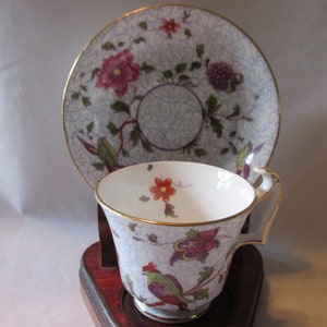 Antique Crown Staffordshire English Bone China Small Demitasse Cup & Saucer with &quot;Bird of Paradise&quot; Pattern, Discontinued c. 1940