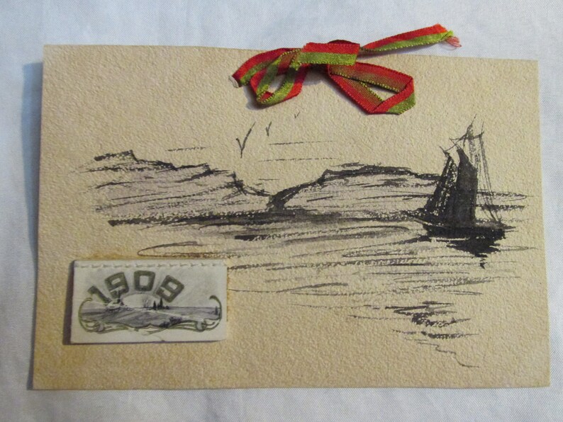 Postcard Ribbon Antique Pen & Colored Ink Art Postcards (2) With Attached Ribbons for ...