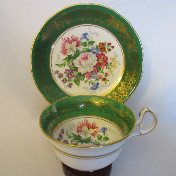 Vintage Royal Stafford English Bone China Cup & Saucer, Floral Gilt Over Bright Green Bands, Large Multicolored Floral Bouquet, Excellent