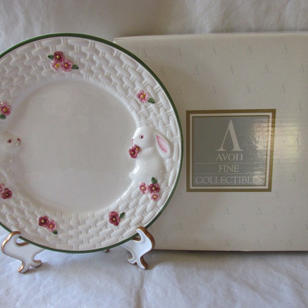 Vintage Avon Bunny Collection 7" Dessert Plate, Bunny Motif, Floral Accents, Basket Weave Pattern, Glazed Earthenware, Original Box, 1994