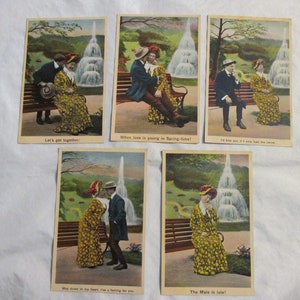 May include: Five vintage postcards featuring couples in a park setting with a fountain. The postcards have text on them, including "Let's get together", "When love is young in Spring-time!" and "The Male is late!"