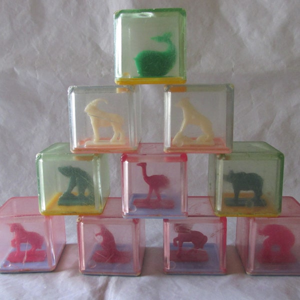 Vintage Clear Plastic Baby Blocks with Animals and a Rattle Bead Inside, Lot of 10, 1950s, Collectible Condition