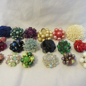 Craft Lot of Vintage Single Cluster Clip On Earrings - Aurora Borealis Crystal Beads, Seed Beads, Many Colors, Great for Repurposing