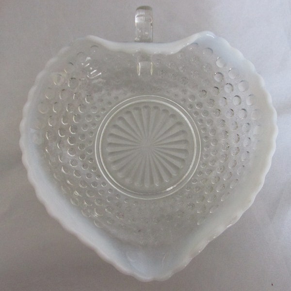 Vintage Moonstone Opalescent Hobnail Heart Shaped Handled Bon Bon Bowl - Anchor Hocking Glass Company, 1941 - 1946, Excellent