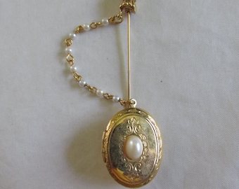 Vintage Gold Toned Locket Stick Pin with Faux Pearl Center, Faux Pearl Chain